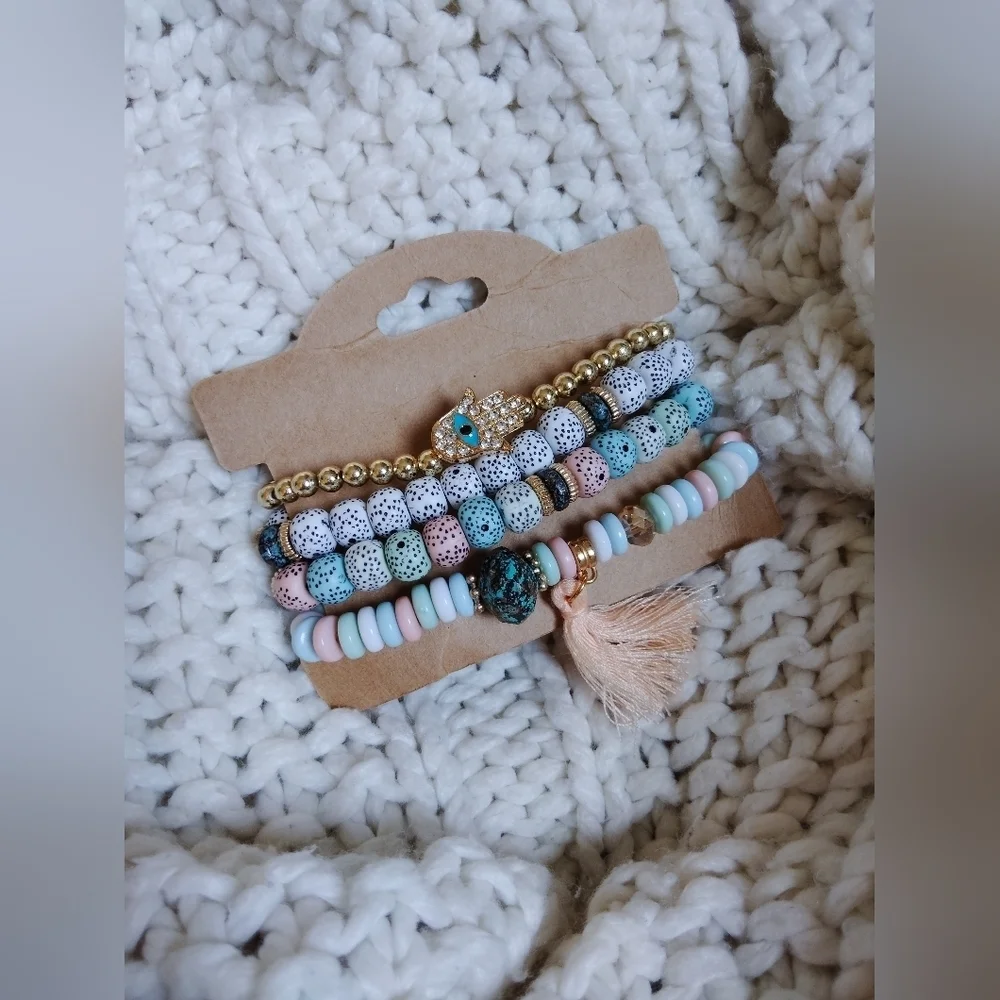 4 Pcs Colorful Beaded Bracelet Stacking Set NIP!